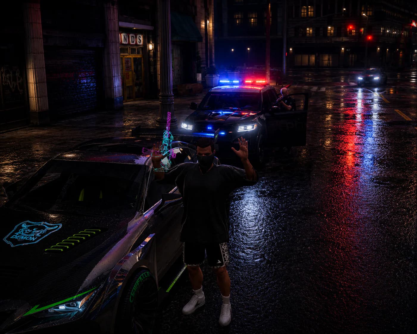 NorthBridge police officer arresting a suspect between two customized vehicles