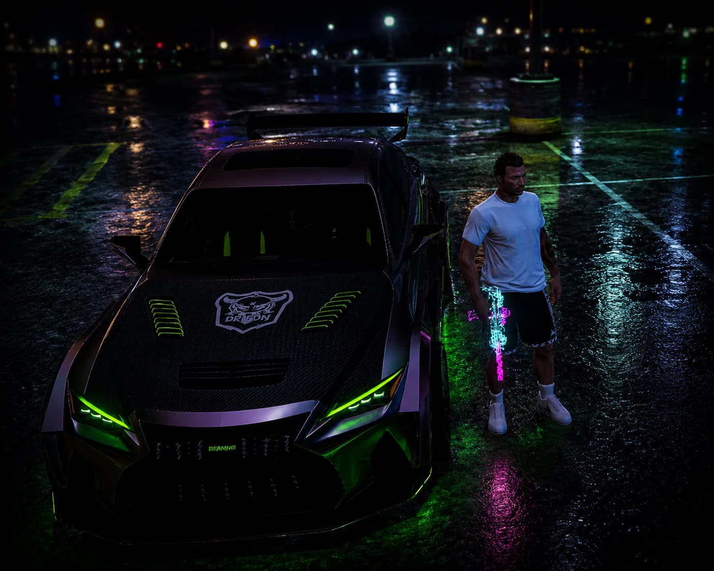 NorthBridge gang members posing with dark vehicles beneath the Pillbox Hill lights