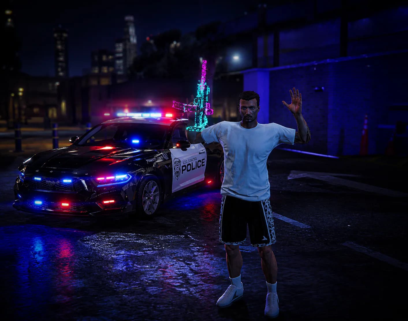NorthBridge gang members surrendering beside customized cars on a rain-soaked street