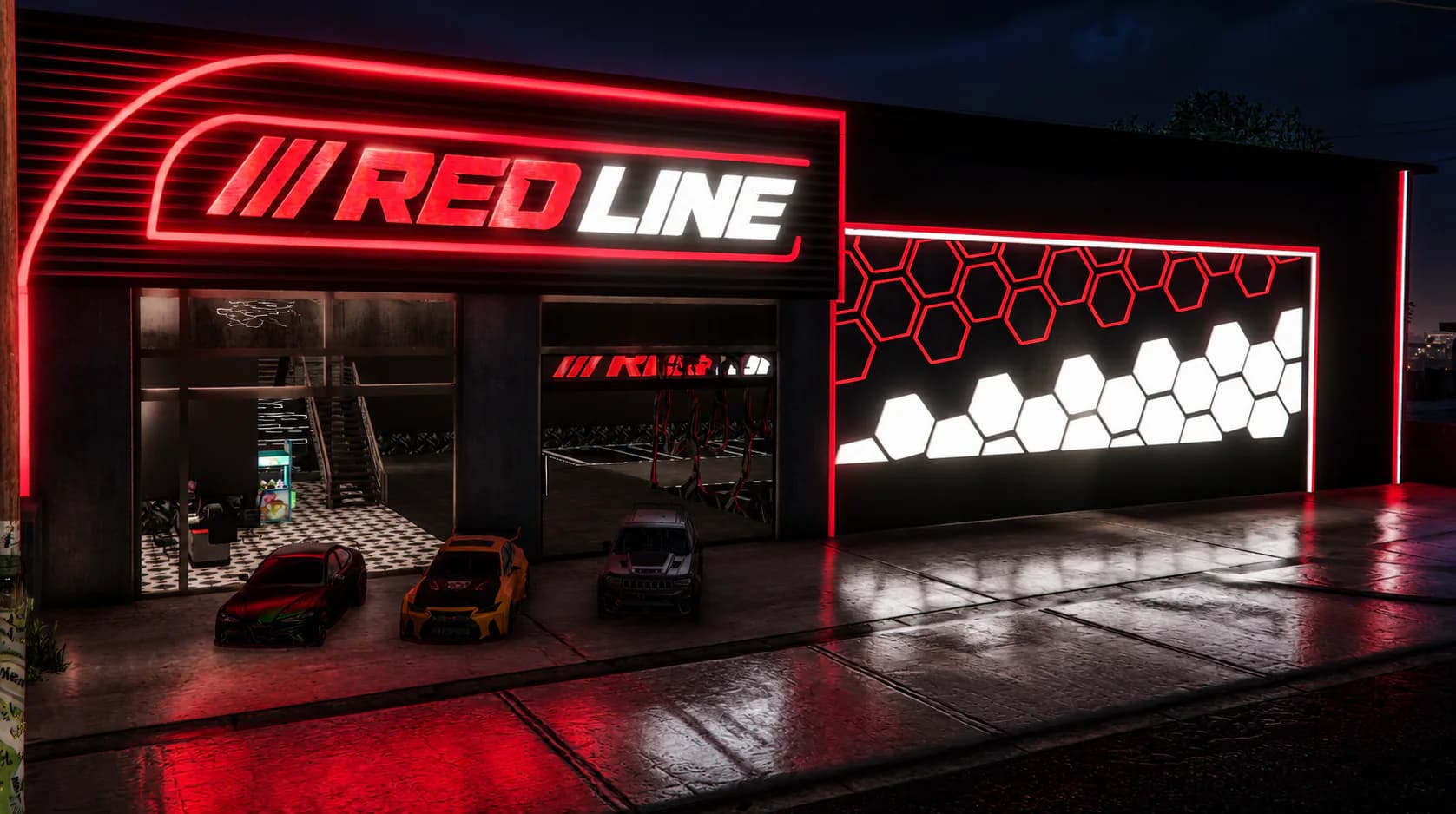 Redline Performance building illuminated at night in NorthBridge