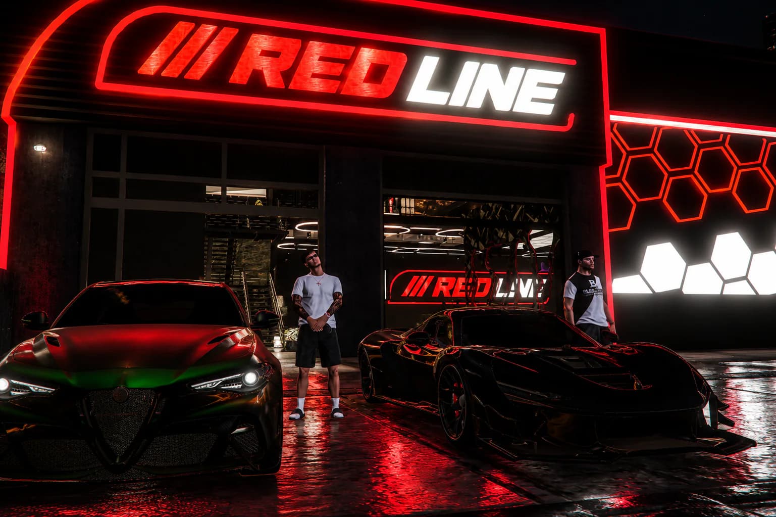 NorthBridge residents posing with performance cars outside Redline