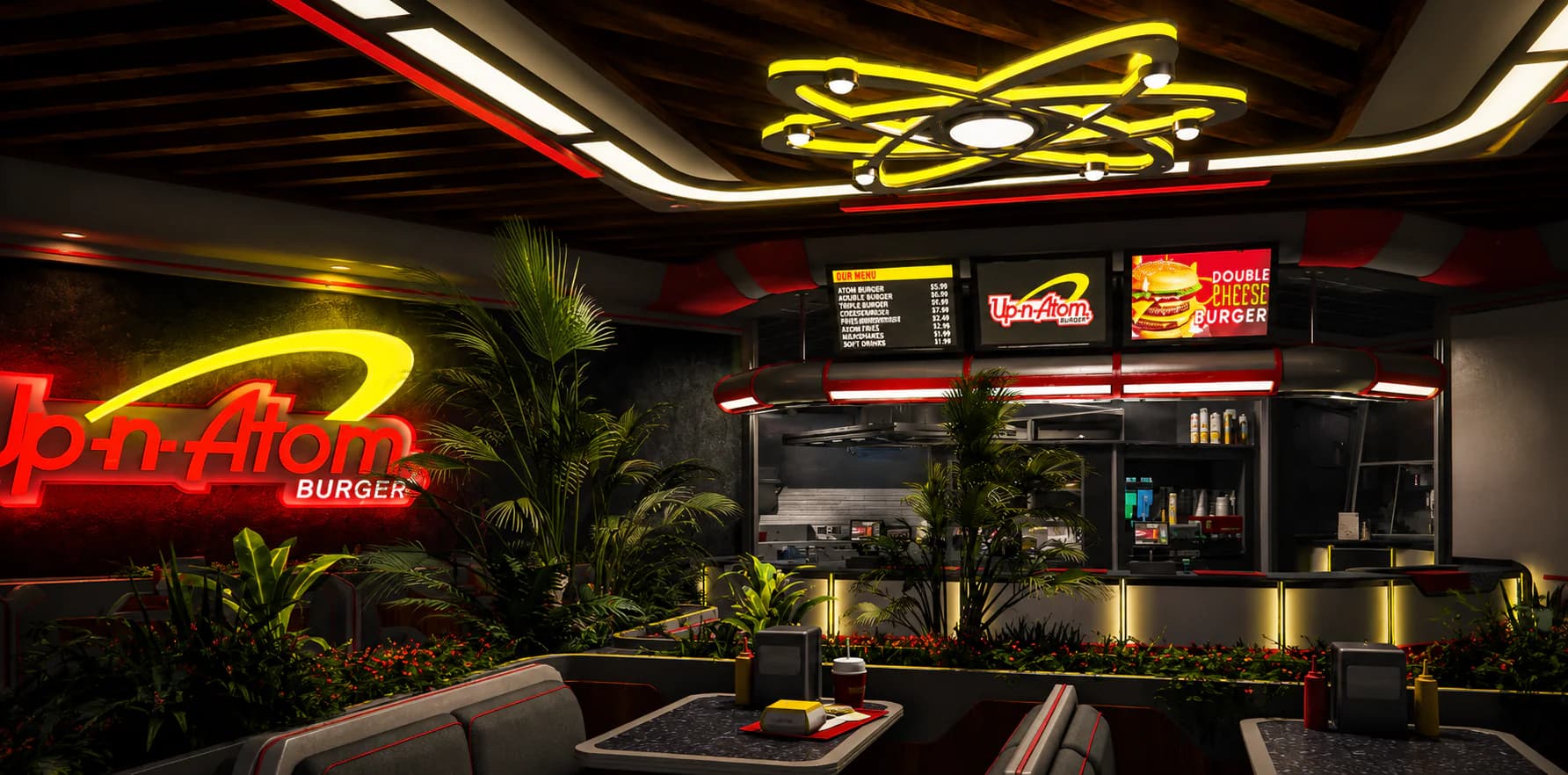Brightly lit Up-n-Atom restaurant interior in NorthBridge